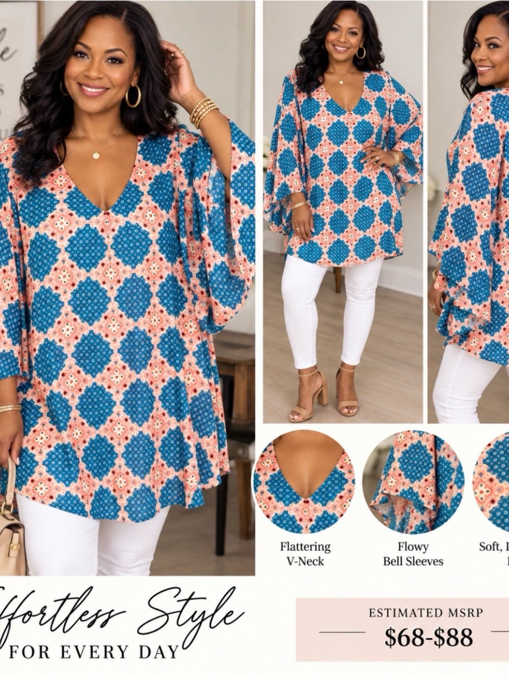 Altar'd State Coral & Teal V-Neck Bell Sleeve Tunic